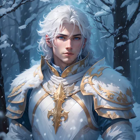 A young warrior, a noble knight prince from a kingdom wearing golden, blue, and white armor, an angelic armor. This warrior is young with ice powers, a handsome man with white, straight hair. His hair is of medium length, reaching the earlobes, like a chan...