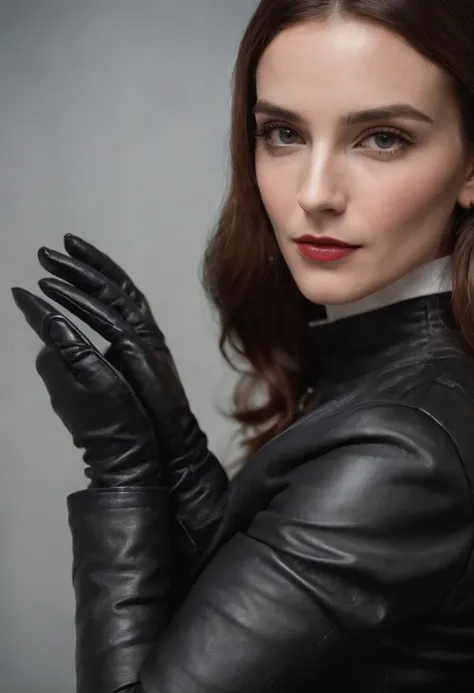 From the other side of the darkness, a womans hand with black suit sleeves and black leather gloves