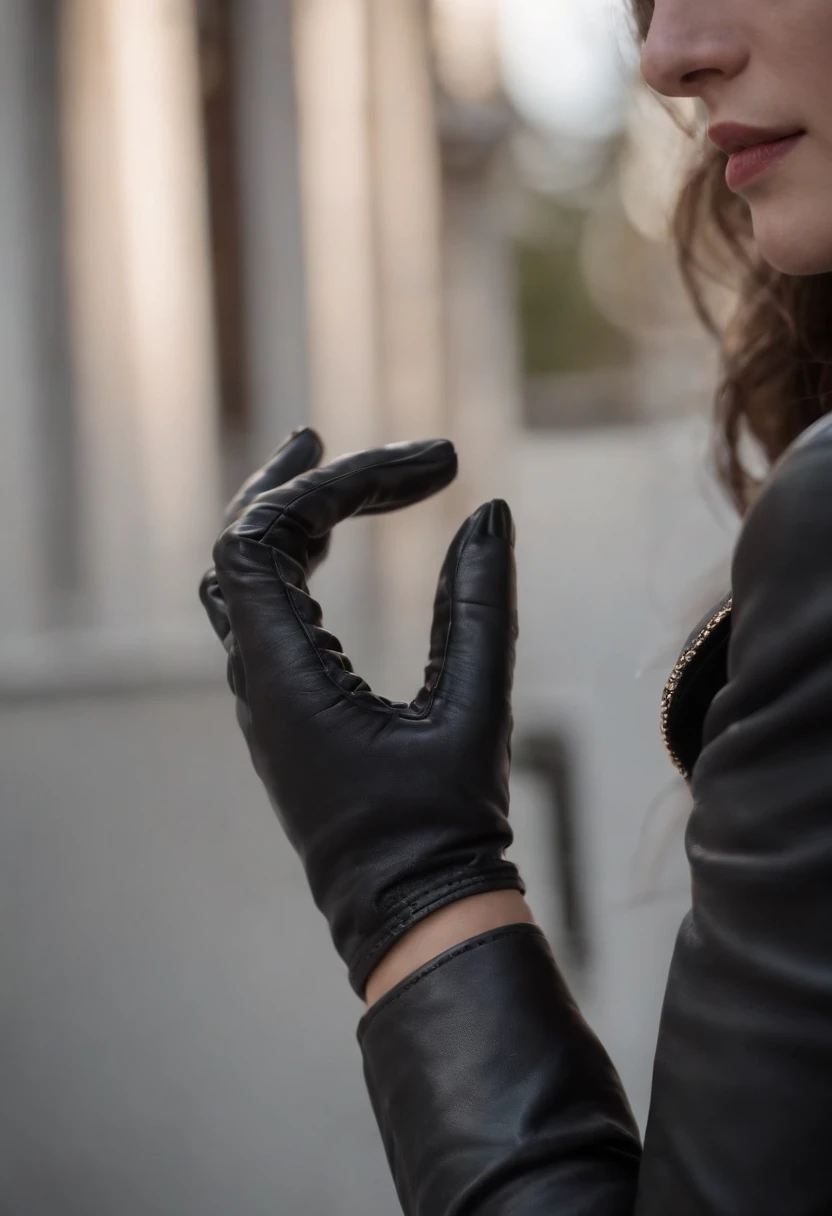 From the other side of the darkness, a womans hand with black suit sleeves and black leather gloves