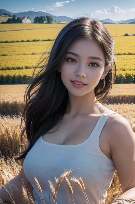 (a girl, smile, sexy, glad, a beautiful detailed face with expressive eyes and lips,a girls face seen up close,carefully painted face of a girl,girl with stunning eyes and lips),(a field of golden wheat,a vast and serene landscape of wheat fields,a picture...