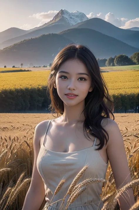 (a girl, smile, sexy, glad, a beautiful detailed face with expressive eyes and lips,a girls face seen up close,carefully painted face of a girl,girl with stunning eyes and lips),(a field of golden wheat,a vast and serene landscape of wheat fields,a picture...