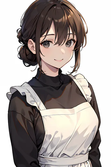 (masterpiece, best quality), 1female, solo, 45 years old, black eyes, brown half updo hair, smile, (Upper body:1.4), (casual clothes and an apron), (white background:1.2),