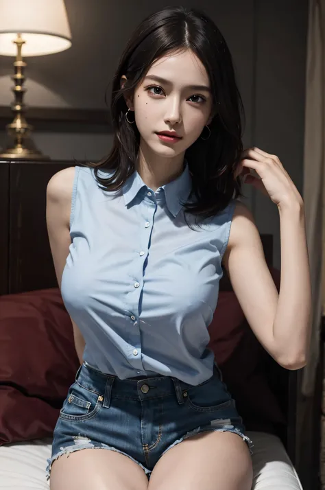 (very huge round breasts:1.4), (perfect anatomy:1.4), whole body, (sleeveless collared shirt, shorts:1.2), RAW photo, extremely delicate and beautiful, masterpiece, Best Quality, ultra high resolution, 16k, hyperrealistic, ultra-detailed, Very detailed CG ...