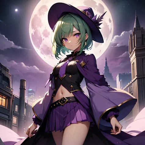 top-quality、extremely delicate and beautiful、(A teenage girl)、Purple Eye、Green hair、short-haired、(Purple pointy hat)、Purple tie、Soio、shortsleeves、Purple skirt、Purple Wizard Robe、Navel、is standing、Full moon night on background