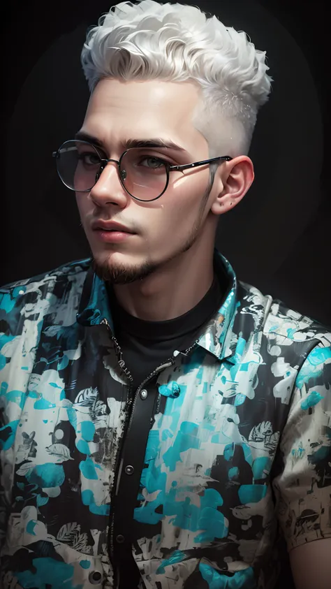 Realistic portrait, perfect coloring, vivid and real colors, a robust 21-year-old man with short white hair, wearing round cyberpunk style glasses and wearing black leather jacket with silver details, futuristic and gorgeous style, perfect