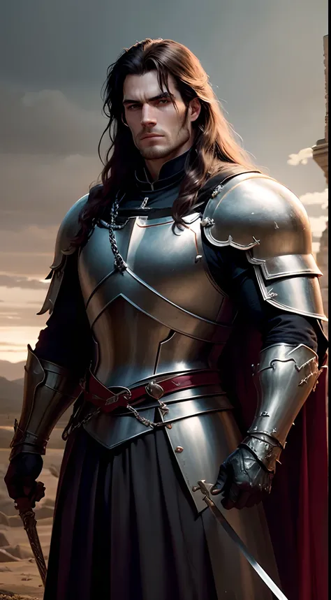 Henry Cavill, as a medieval knight, long hair, robust, grim expression, clad in a chain armour, large sword in hand, blood in the armour, standing in a battlefield, corpses and soldiers in background, castle visible at a distance, dusklight