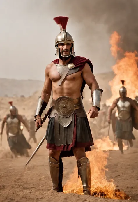 (Spartan Warrior: The Ancient Warrior 2.0), Craft a lifelike image of a Spartan soldier that embodies the ferocity and toughness of ancient warriors. He should be shirtless, muscular, and wearing a Spartan helmet, holding a shield and spear. His expression...