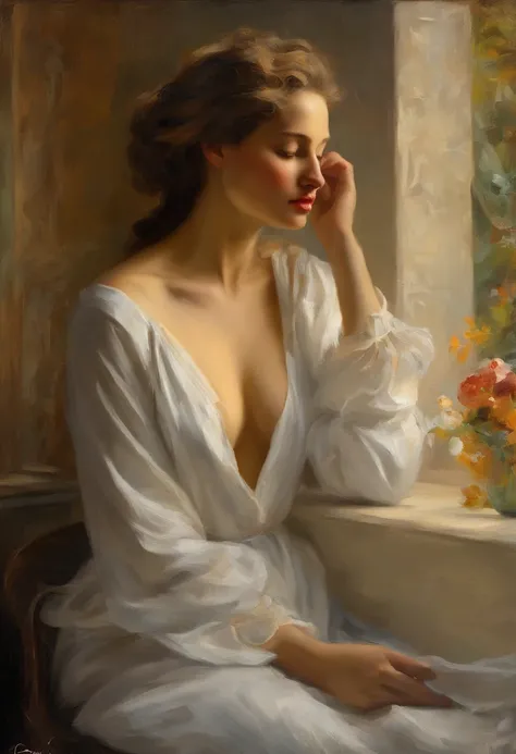 ((golden ratio}} the year is 1890, the setting is France, A Highly detailed realistic oil painting of an elegant woman laying in a bathtub, she is fully clothed in a simple white dress and submerged under the water 1:2, {{Camera is above}}, curtains blowin...