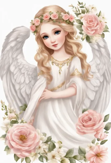 ((fond blanc)), ((clipart )), ((autocollant)), (((Oreille de lion)), aquarelle belle rose sauvage fantasy art, Des yeux parfaits avec un beau visage et des fleurs, Angel wings, Chibi Cute Animation Style, couleurs vives et vives, Intricate details, hyper d...