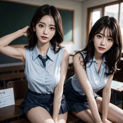 (very huge breasts, perfect anatomy:1.4), (short wavy hair, full body:1.1), (Korean school uniform, summer school uniform shirt, sleeveless:1.4), whole body, RAW photo, extremely delicate and beautiful, masterpiece, Best Quality, ultra high resolution, 16k...