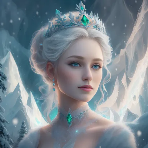 (Best quality,8K,Masterpiece:1.2),Ultra-detailed,Realistic:1.37,Portrait,A 20-year-old girl in a winter wonderland,Porcelain skin Nordic princess,The Northern Lights cast a mesmerizing glow,prefect symmetrical face，intricately details,A crown of luxury，Eme...