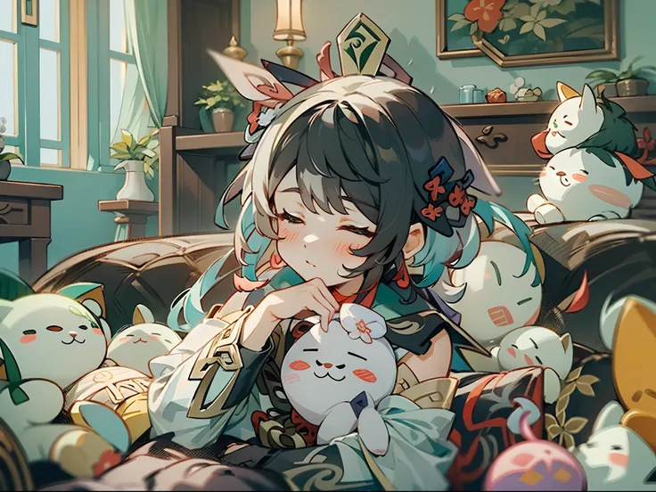 ((Genshin Impact)), Hu Tao sitting on sofa with cute plushies, blushing, eyes closed, beautiful and well decorated room, black hairs