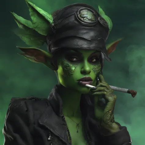 a girl goblin smoking a cigar, green skin, illustrations, detailed eyes, detailed lips, vibrant colors, fantasy, dark background, dramatic lighting, high resolution, photorealistic, 3D rendering, smoky atmosphere.