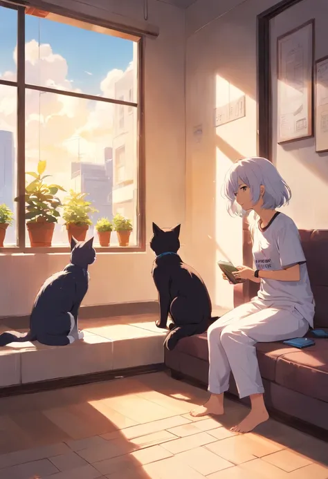 Viewing angle from afar，a room，，，，Male and female couples，，，Man in black T-shirt，，，，，Long-haired woman sitting on sofa，，，，，，Two pets，，，，，，，A large dog has black and white hair，，，，，，，，，，，，A pure white cat stands on the windowsill