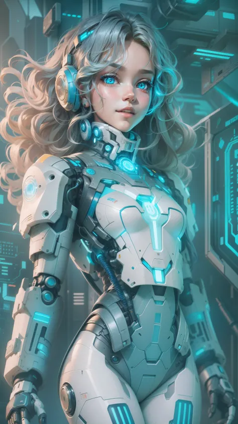 Best quality at best，illustratio，one-girl，Detailed eyes of happiness，Flat skin，Happy details of hair，Wavy hair，robot-girl，cyber punk style，whole body display，Blue style