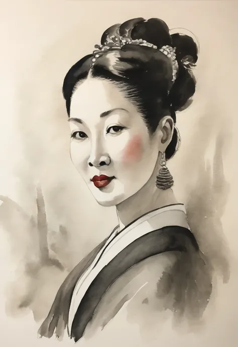 A three-quarters side Chinese woman，qi baishi style, aquarelle, Black and white ink, Serene face, Close-up, Vintage pictures，ink wash style