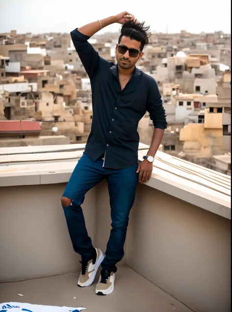 arafed man sitting on a ledge with his hands on his head, standing on rooftop, standing on a rooftop, on rooftop, wearing a shirt and jeans, with a cool pose, in a rooftop, on a rooftop, set in Indian village rooftop, sits on a rooftop, wearing urban techw...