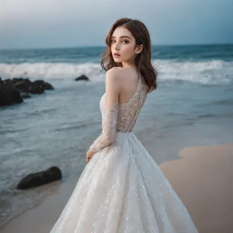 Master Parts、Superior Quality、superior image quality、The 8k quality、、Beautiful pictures of the starry sky、magnifica、Arched Milky Way:1.9、Sail ships:1.9、Blue Sea、shooting stars:1.9, 18 year old woman in wedding dress:1.9