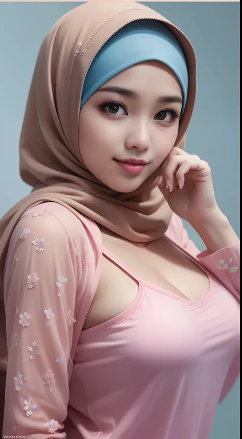 malay girl in hijab wearing sexy pastel color pajamas portrait photography, big breasts, mid shot photo, ultra detail, professio...