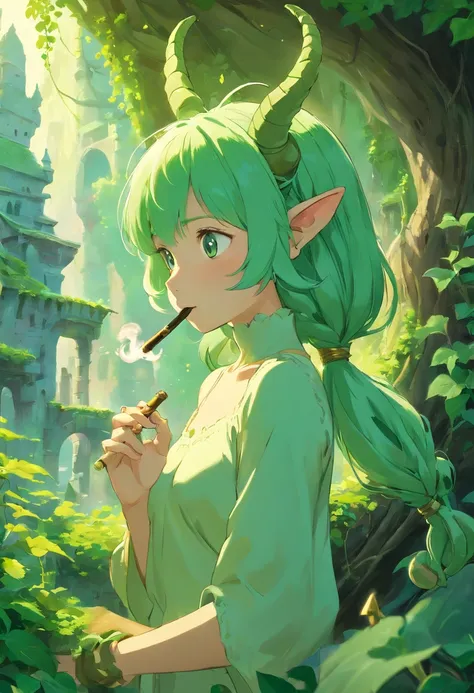 (best quality,4k,highres:1.2),ultra-detailed,(realistic:1.37)
portrait,goblin,side profile,smoking,magical pipe,sculpted body,naked,detailed breasts,thin cloth covering body,coiled hair with dragon skull,horns,emerald skin,sharp teeth,pointed ears,magic sm...