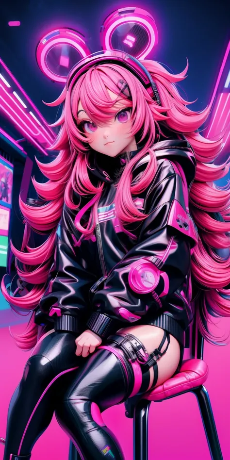 anime girl with pink hair sitting on a chair in a neon city, long curly hair, cyberpunk anime girl in hoodie, cyberpunk anime girl, anime style 4 k, anime cyberpunk art, best anime 4k konachan wallpaper, digital cyberpunk anime art, female cyberpunk anime ...