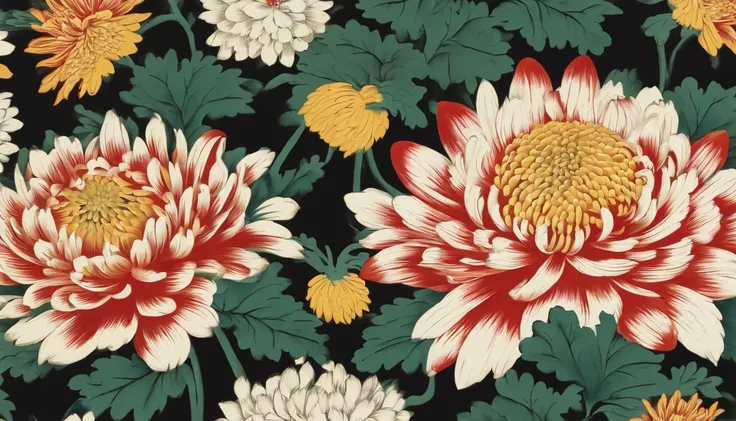 Wrapping paper from the Edo period。Chrysanthemum floral pattern based on black。