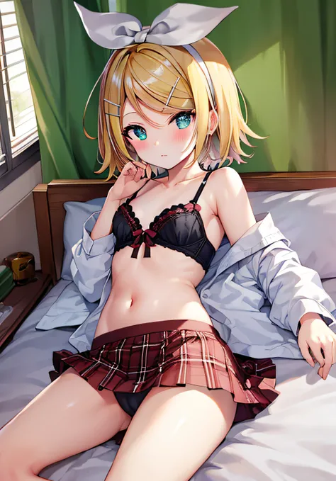 ​masterpiece、Top image quality、超A high resolution、nsfw、Kagamine Rin in elementary school students、Childrens Kagamine Rin、fullnude、small tits、Short hair、Blushing、Embarrassing appearance、small tit、blouse with open chest、Junior Bra、Open your legs wide、Plaid m...