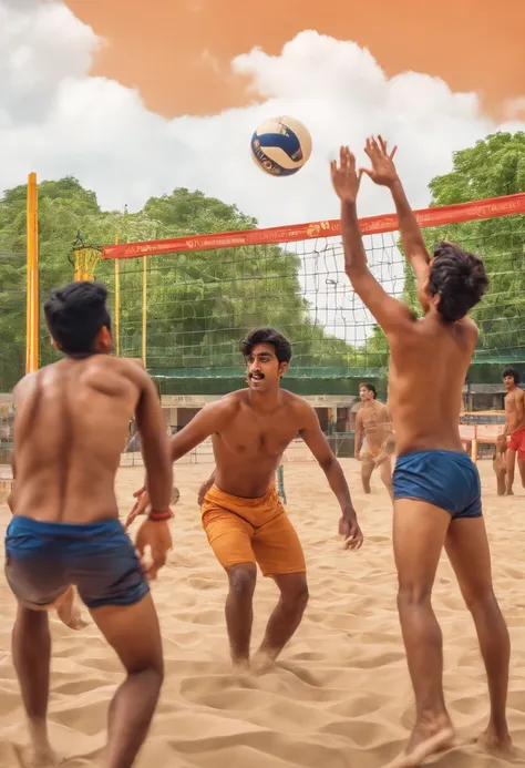 few naked Indian boys playing volley ball anime style 8k