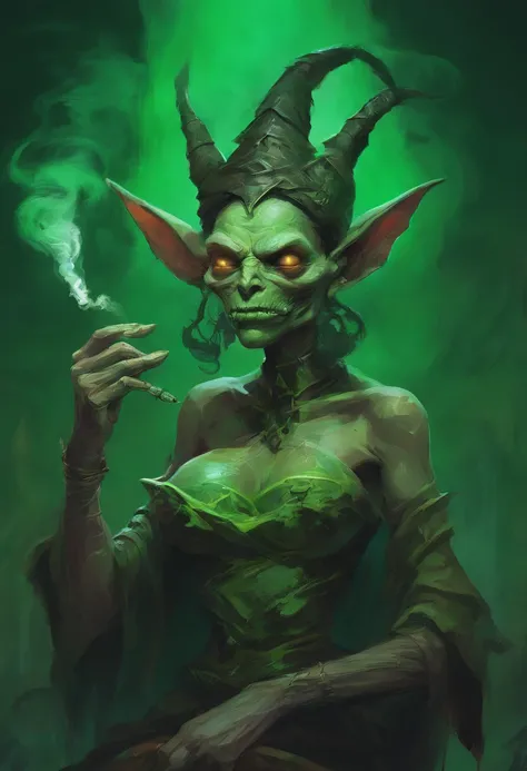 (best quality,realistic,highres:1.2),ultra-detailed,a goblin woman smoking a magical cigar,naked,bare nipples,a giant bun held by a dragon skull,witch face with wrinkles,detailed eyes and lips,wrinkled skin,green skin tone,dark and mysterious lighting,medi...