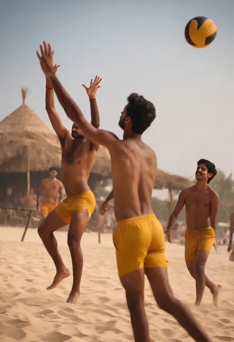 few naked Indian boys with faint mustache playing volley ball very realistic 8k