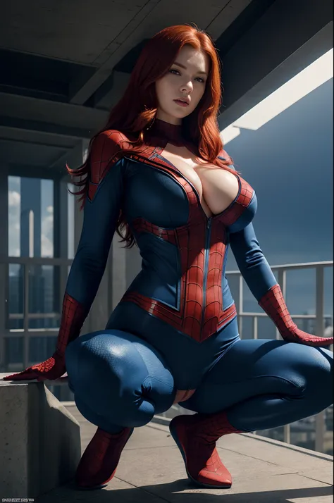 sexy redhead woman, ultra realistic photo, eroic expression, perfect detailed face, bright blue eyes,(big teddy bear) dressed as Spider-Man from Marvel Comics, In the fortress of solitude, Looks cool, (Ultra realistic), (Illustration) , (very high resoluti...