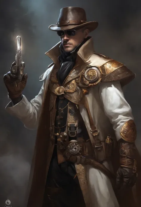 2d art, Steampunk, Doctor Plagues Edge Starseeker Art, wearing leather, full-body portraits, Key art, splash images, plain white background