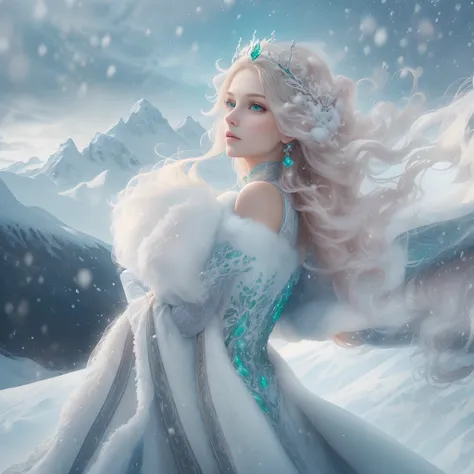 (Best quality,8K,Masterpiece:1.2),Ultra-detailed,Realistic:1.37,Portrait,20 year old girl in winter wonderland,Porcelain skin Nordic princess,The Northern Lights cast a mesmerizing glow,prefect symmetrical face，intricately details,A crown of luxury，Emerald...