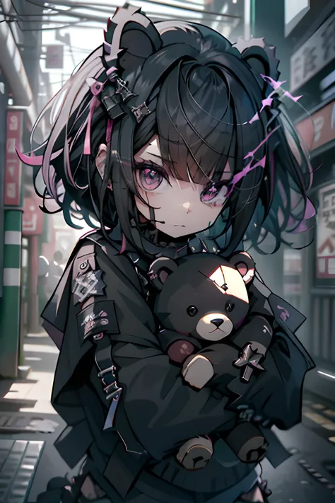 stuffed bear、teddy bears、teddy bears、gothic punk、耳nipple ring、hair adornments、a dark-haired、pink and black color、bob cuts、black ...