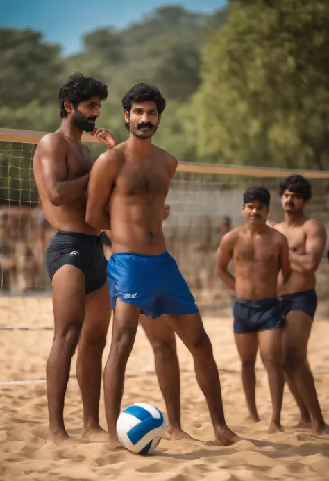 few naked Indian boys with faint mustache and with large penis playing volley ball very realistic 8k