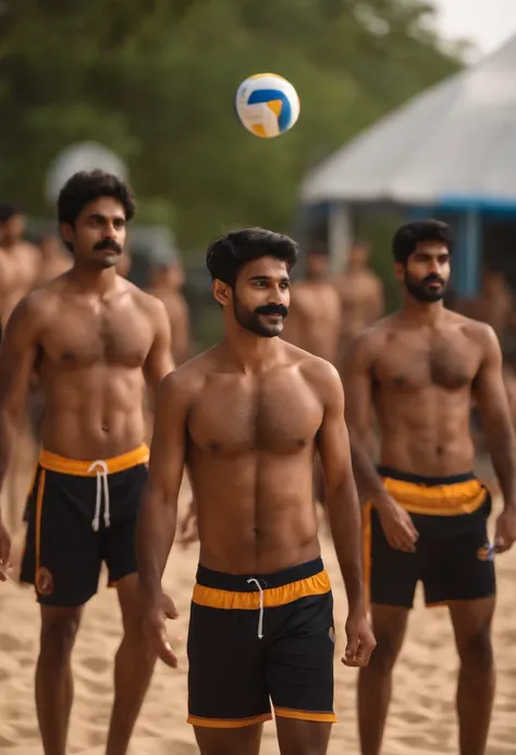 few naked Indian boys with faint mustache and with large penis playing volley ball very realistic 8k