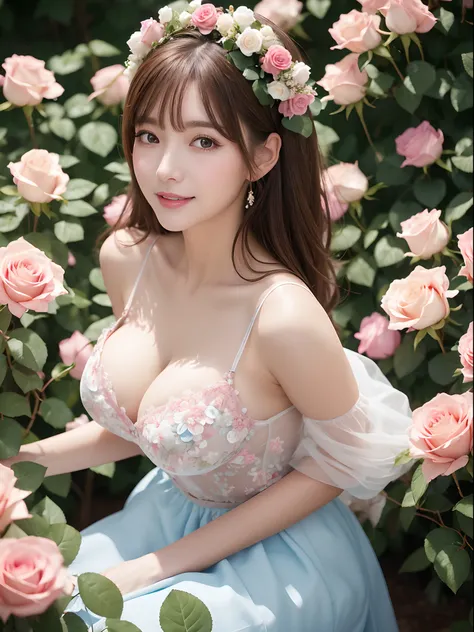 Beautiful adult woman、Brown hair、Medium Hair、festole with a lot of white and pink roses on the head,,、a small face、makeup、ssmile、Colossal tits、cleavage of the breast、Light blue dress、skirt by the、Floral ornament of roses of different colors on the skirt、Si...