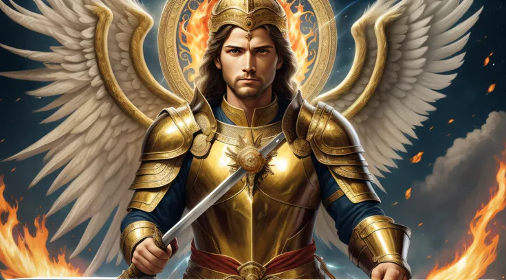 realistic image of St. Michael the Archangel looking forward, um HOMEM guerreiro celestial, com asas grandes e poderosas, dressed in gold armor and holding a flaming sword in his hand and with a shield, symbolizing his strength and divine protection, His i...