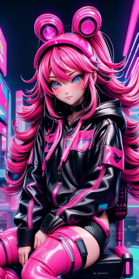 anime girl with pink hair sitting on a chair in a neon city, long curly hair, cyberpunk anime girl in hoodie, cyberpunk anime girl, anime style 4 k, anime cyberpunk art, best anime 4k konachan wallpaper, digital cyberpunk anime art, female cyberpunk anime ...