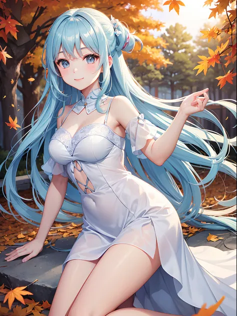 Park of autumn leaves　The sun goes down　Pretty girl　Light blue long hair　A charming smile　Cute costumes　Facing the front