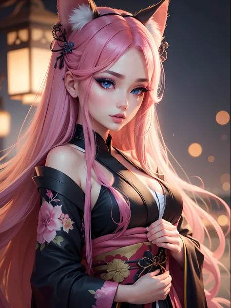 {{{Kimono}}} girl ,animal ears ,breasts ,{pink hair} ,medium breasts ,tail, ,petit,:d, stern girl, ,bubble_butt, from_below, depth, (Highest Quality, Amazing Details:1.25), cinematic lighting, unique, whole body in picture, black gloves, blue eyes, ocean c...