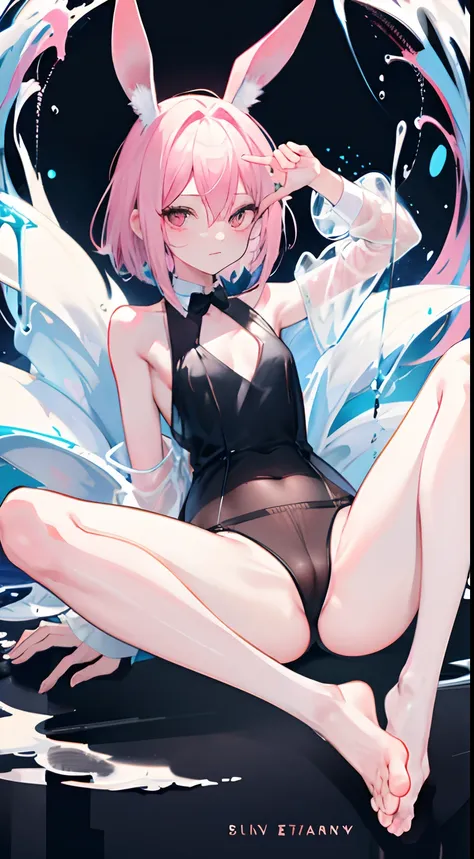 opening legs，Bunny ears，No underwear， the feet，is shy，sitted， Feet，Exposed genitals，clear liquid，Bigchest，Black fully transparent panties，soaking wet，A pink-haired，Hold your thighs from behind with your hands