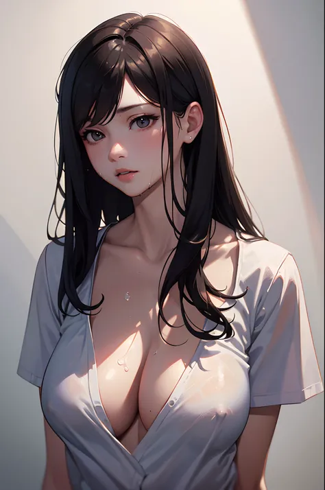 (((Masterpiece))), (portrait), Ayaka, diffused light, dynamic shadows, sharp focus, realistic, detailed, highres, absurdres, white background, (boobsqueeze), looking to the side, v arms, t-shirt, no bra, photorealistic, lifelike, wet