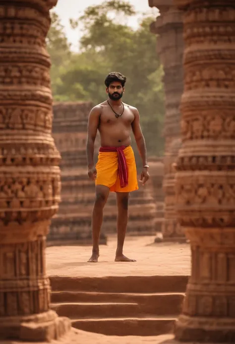 few naked south Indian boys with faint mustache and with large penis playing volley ball near Dravidian style Hindu temple very realistic 8k