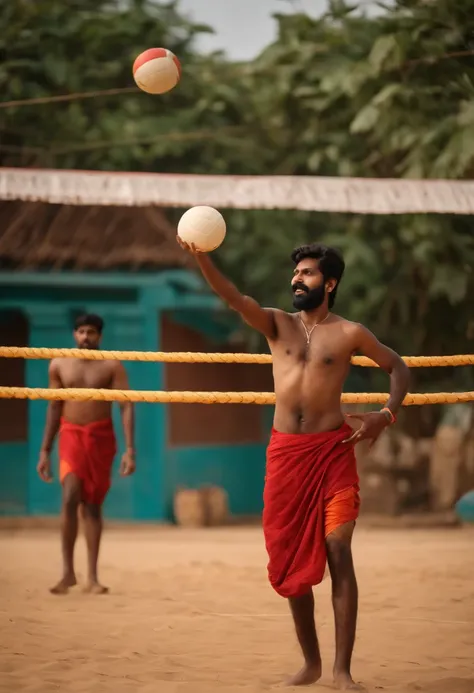 few naked south Indian boys with faint mustache and with large penis playing volley ball near Dravidian style Hindu temple very realistic 8k