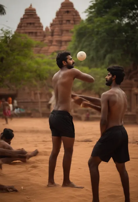 few naked south Indian boys with faint mustache and with large penis playing volley ball near Dravidian style Hindu temple very realistic 8k