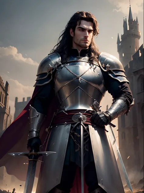 Henry Cavill, as a medieval knight, long hair, robust, grim expression, clad in a chain armour, ((large sword in hand:1.3)), blood in the armour, standing on a battlefield, corpses and soldiers in background, castle visible at a distance, dusklight, flag f...