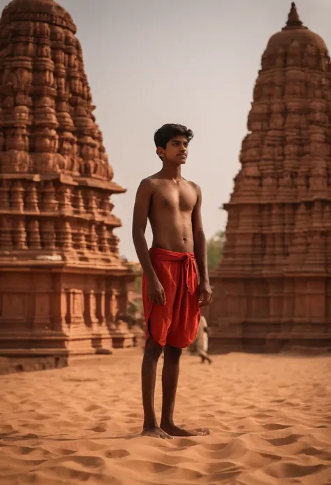 few naked Indian teen (male,age 14-17) with faint mustache and with large penis playing volley ball near Dravidian style Hindu temple very realistic 8k