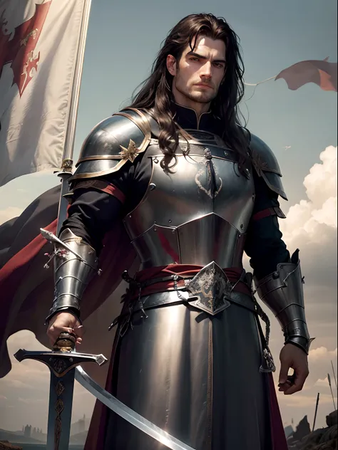 Henry Cavill, as a medieval knight, long hair, robust, grim expression, clad in a chain armour, ((large sword in hand:1.3)), blood in the armour, standing on a battlefield, corpses and soldiers in background, castle visible at a distance, dusklight, flag f...