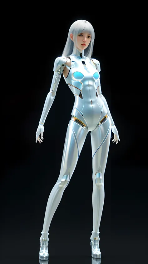 Character Sheet, complex 3d render ultra detailed of a beautiful Japanese girl android cyborg, robotic parts, beautiful studio soft light, rim light, vibrant details, luxurious cyberpunk, android body made of organic flowing white and silver transparent gl...